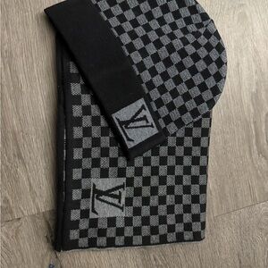 Louis Vuitton Black and Gray Checkered Hat and Scarf Set